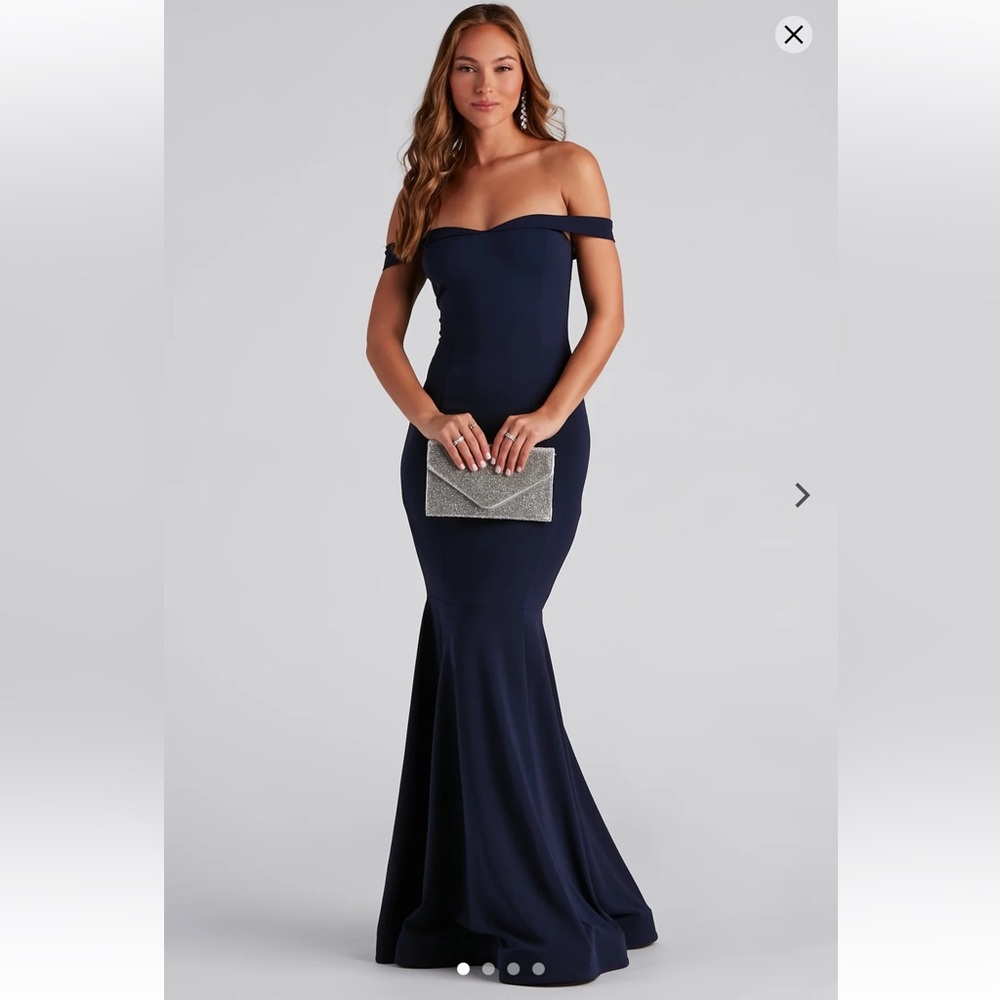 Elegant Navy Off-Shoulder Gown